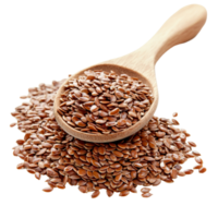 A wooden spoon filled with flax seeds resting on a transparent background surrounded by a heap of nutritious seeds, Flax seeds heap in wood spoon on transparent background png