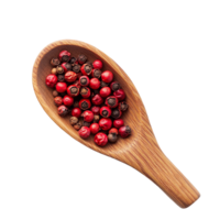 Red peppercorns nestled in a wooden spoon on a clean transparent background, showcasing their vibrant color and texture, Red peppercorn in wood spoon on transparent background png