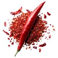 Crushed red chili pepper and whole chili on a transparent background, perfect for spice lovers and culinary enthusiasts, Crushed red chili pepper isolated on transparent background png