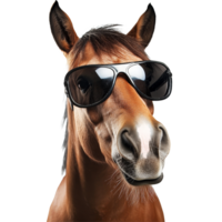 A funny horse wearing sunglasses poses playfully against a crisp transparent background in bright lighting, Funny horse wearing sunglasses on transparent background png