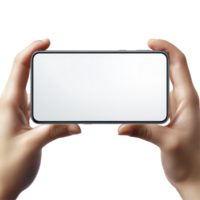 A person holds a horizontal smartphone mockup showcasing a blank screen against a plain background, Horizontal screen in hands. Mobile smartphone mockup in hands isolated on transparent png