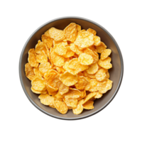 A bowl of crunchy corn flakes displayed on a clean transparent background for a fresh and inviting breakfast setting, corn flakes on transparent background png