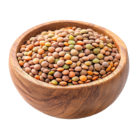 A wooden bowl filled with colorful lentils placed on a clean, transparent background for culinary use and healthy cooking, lentils in wood bowl isolated on transparent background png