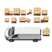 Delivery van surrounded by multiple boxes on a clean transparent background showcasing efficient logistics, Delivery Van with Multiple Boxes on transparent background png