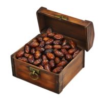A wooden box filled with fresh date fruits isolated on a transparent background showcasing natures sweetness, wooden box of date fruitsisolated on transparent background png