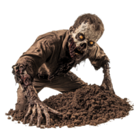 A zombie emerges from a dirt grave against a stark transparent background, showcasing a haunting resurrection, Zombie Crawling from Dirt Grave on transparent background png