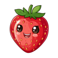 A cute kawaii strawberry character with a smiling face and bright eyes against a simple transparent background, Cute kawaii strawberry fruit on a transparent background png