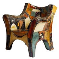 A colorful and artistic chair crafted with mosaic tiles showcasing unique patterns and textures in a modern decor setting, two chairs and table png