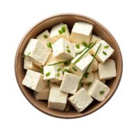 Freshly cut tofu cubes garnished with chives in a rustic bowl on a clean transparent surface, Tofu in bowl on transparent background png