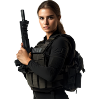 Female tactical agent in combat gear confidently holds a firearm during a training exercise in a controlled environment, Female Agent in Tactical Outfit Holding Gun Isolated on transparent background png