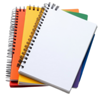 Colorful spiralbound paper notebooks stacked on a transparent background for office work and creative tasks, Paper notebooks for office work on transparent backgroundfile png