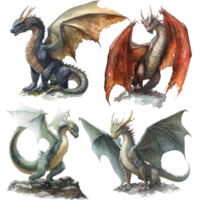 Four mythical dragons displayed in detail against a transparent background showcasing their unique colors and features, Mythical Dragons Isolated on transparent background png
