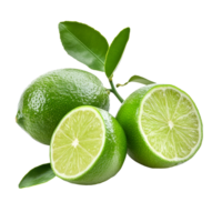 Fresh and vibrant limes cut in half with whole limes and green leaves on a transparent background, orange and lime on transparent background png