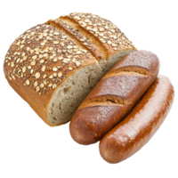 Whole wheat bread accompanied by sausages on a minimalistic transparent background showcasing tasty ingredients, Whole wheat bread and Sausage on transparent background png