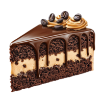 Delicious slice of chocolate coffee caramel cake with creamy topping and coffee beans for decoration, chocolate coffee caramel Cake slice toping isolated on transparent background or transparent png
