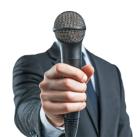 Confident businessman addressing an audience at a conference while holding a microphone during a keynote, Confident Businessman at a conference Speaker with Microphone Isolated on transparent png