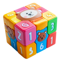 Colorful baby cube toy with bear and number designs for interactive playtime exploration, Colorful Baby Cube Toy with Bear and Number Designs Isolated on transparent background png