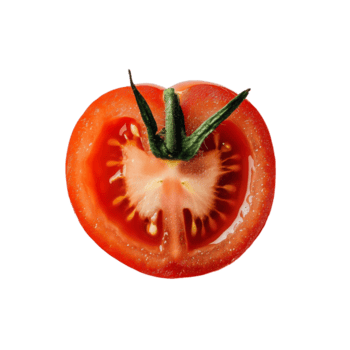 vibrante rojo medio tomate con jugoso semillas en un limpiar transparente antecedentes para culinario inspiración, medio tomate en transparente antecedentes png