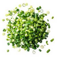 Freshly chopped green onions scattered on a clean transparent background, highlighting vibrant colors and textures for culinary use, chopped green onions on transparent background png