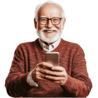 Smiling senior man wearing glasses holds a smartphone while posing brightly and joyfully at home, Smiling Senior Man with Phone on transparent background png