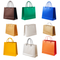 Various shopping bags in a colorful display on a transparent background perfect for retail or gift packaging needs, Various type of shopping bags isolated png
