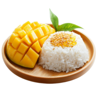 Enjoying traditional mango and sticky rice on a clean transparent background, showcasing vibrant colors and textures, Mango and Sticky Rice on transparent background png