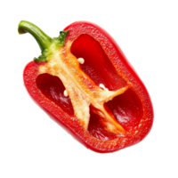 A vibrant red pepper is sliced in half, revealing its bright interior with seeds and unique texture, Sliced pepper isolated on transparent background png