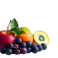 Fresh fruits including apples, grapes, and kiwi arranged on a clean transparent surface for a vibrant culinary display, vegetables and fruits on transparent background png