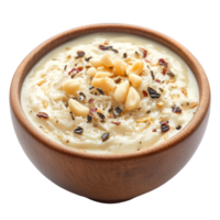 Delicious sheer khurma served in a wooden bowl, showcasing delicate vermicelli, nuts, and aromatic spices, Sheer khurma isolated on transparent background png