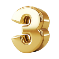 A golden threedimensional number three displayed on a neutral background for design and graphic use, gold 3d illustration percent symbol png