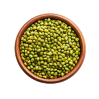 Peeled split mung beans in a wooden bowl isolated on a clean transparent background ready for cooking or meal prep, peeled split mung beans in a bowl isolated on transparent background png