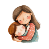 A heartwarming illustration of a mother and daughter embracing each other on a bright, transparent background, Mother and Daughter Hugging Illustration on transparent background png