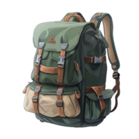 A large camping backpack in a vibrant green and beige design isolated on a transparent background, big camping backpack, file of isolated object with shadow on transparent background png