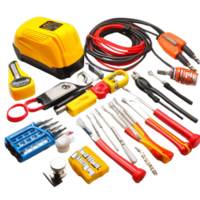 Essential electrician tools and equipment organized neatly on a workbench for various electrical projects, Electrician tools and equipment png