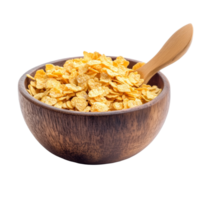 Corn flakes in a wooden bowl with a spoon on a transparent background, perfect for a healthy breakfast or snack any time of day, corn flakes in wood bowl and spoon isolated on transparent background png