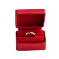 Elegant gold ring displayed in a red velvet box on a transparent background, perfect for proposals or special occasions, red box and gold ring on transparent background png