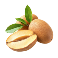Fresh sapodilla fruit with green leaves displayed on a clean transparent background, showcasing its natural texture and color, Sapodilla fruit isolated on transparent background png