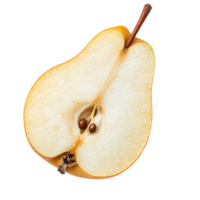 A fresh pear slice isolated on a transparent background showcasing its ripe color and texture, Pear slice isolated on transparent background png
