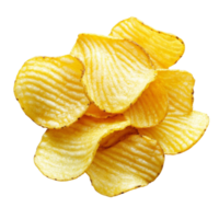 Crispy potato chips stacked on a transparent surface, showcasing their golden texture and wavy shape, Potato slice into potato chips isolated png