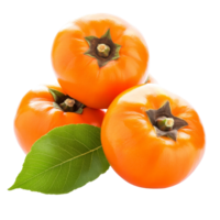 Freshly harvested ripe persimmons resting with a vibrant leaf on a clean transparent surface, ripe persimmons with leaf on transparent background png
