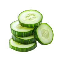 Freshly sliced cucumber rounds stacked on a transparent background ready for culinary use or garnishing dishes, Fresh sliced cucumber isolated on transparent background png