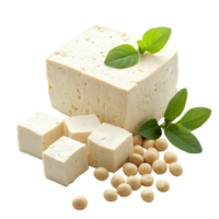 Tofu and soybeans with fresh green leaves arranged on a transparent background for a clean and healthy food presentation, tofu and soy isolated on transparent background png