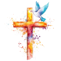 Vibrant watercolor cross with a dove, symbolizing peace and faith in a spiritual setting, colorful christian cross with dove of peace isolated on transparent background png