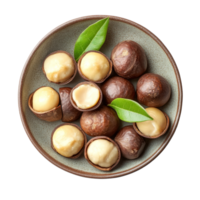 Fresh macadamia nuts arranged neatly on a rustic plate against a clean transparent background, macadamia nuts in plate on transparent background png
