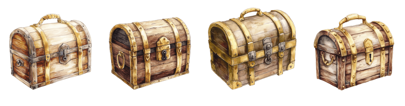 cuatro antiguo de madera tesoro cofres con metal acentos png