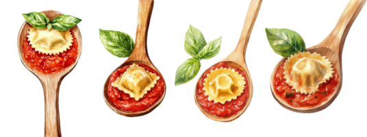 Ravioli in Tomato Sauce on Wooden Spoons with Basil png