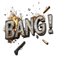 Exploding Bang Text With Gun And Bullets. isolated transparent background png