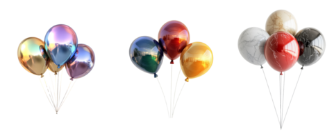 Three sets of metallic and marble balloons float against a black background png
