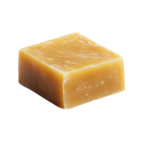 A single cube of amber colored soap sits on a black background png