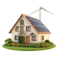 Eco Friendly House with Solar Panels and Wind Turbine. isolated transparent background png